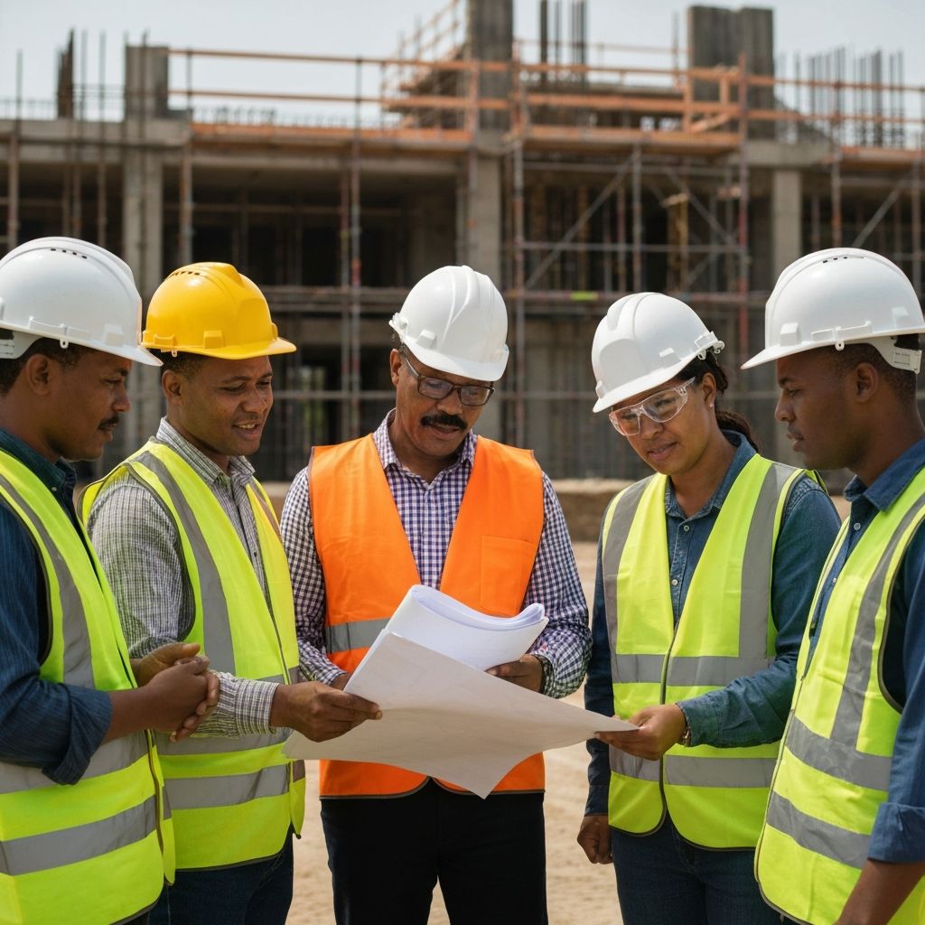 ZECO Construction professional construction team reviewing building plans on site in Gauteng, South Africa