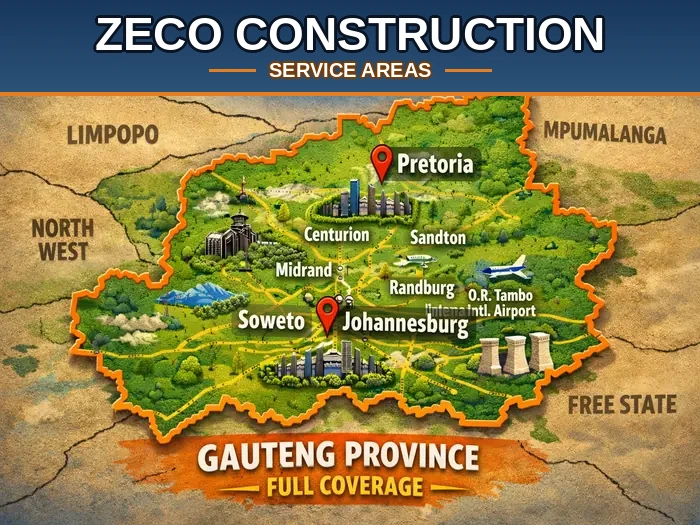Goshen Projects Solutions service coverage map showing Gauteng province including Pretoria, Johannesburg, Midrand, Sandton, and Centurion areas